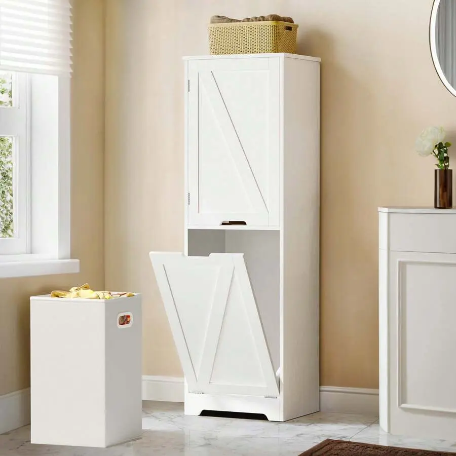 53" Tall Bathroom Cabinet With Laundry Tilt-Out Laundry Hamper With Upper Storage Cabinet Adjustable Shelves