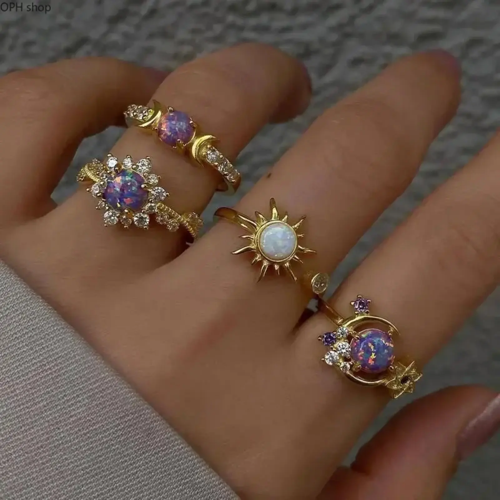 Women's Sun Moon Crystal Stackable Ring Set - Trendy Geometric Minimalist Light Luxury Costume Jewelry, Sparkling Gemstone Band for Daily Casual Outfits, Holiday Gifts