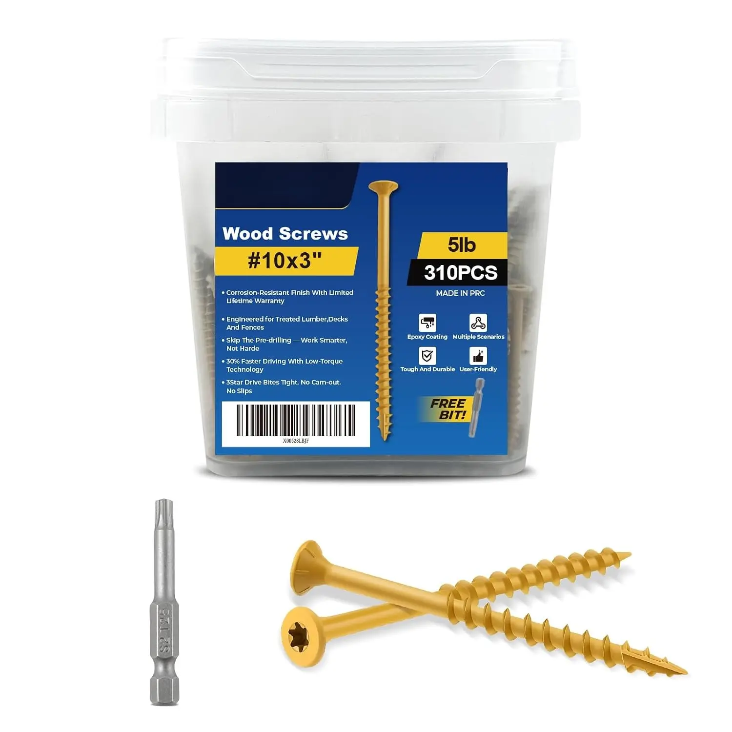 #10 x 3 Deck Screws  Screws, Torx Flat- Exterior Screws, T25  Bit Included(315PCS 5LB Box)