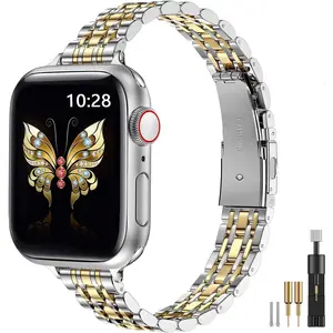 Slim Metal Band Compatible with Apple Watch Band 42mm(Series 10) 41mm 40mm 38mm,Dressy Stainless Steel Chain Strap for Women iWatch Bands Series 9 8 7 6 5 4 3 2 1 SE,Silver/Gold