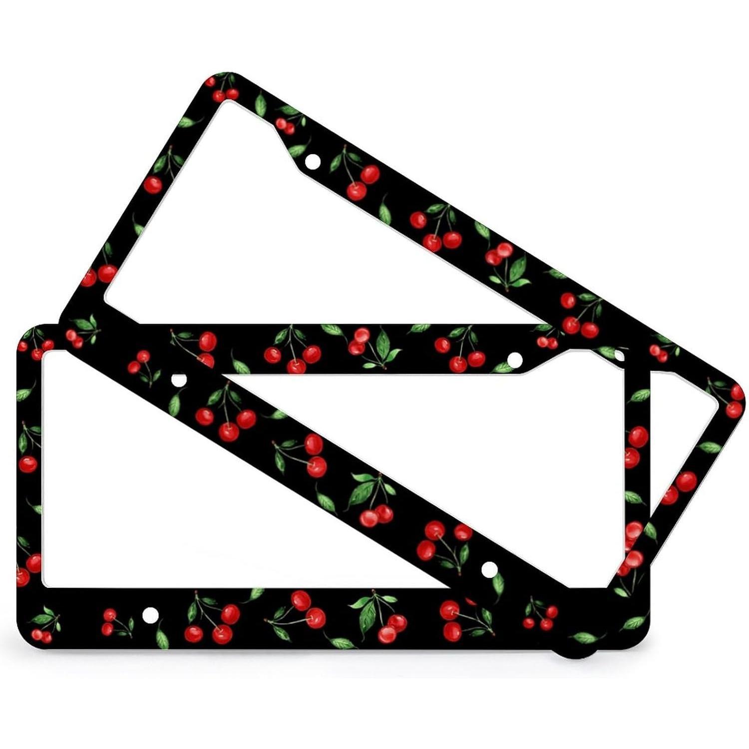 Cherry License Plate Frames & Little Red Cherries Steering Wheel Cover Aluminum License Plate Covers Anti-Slip Breathable Steering Wheels Protector with Screws Fasteners Caps for Men Women