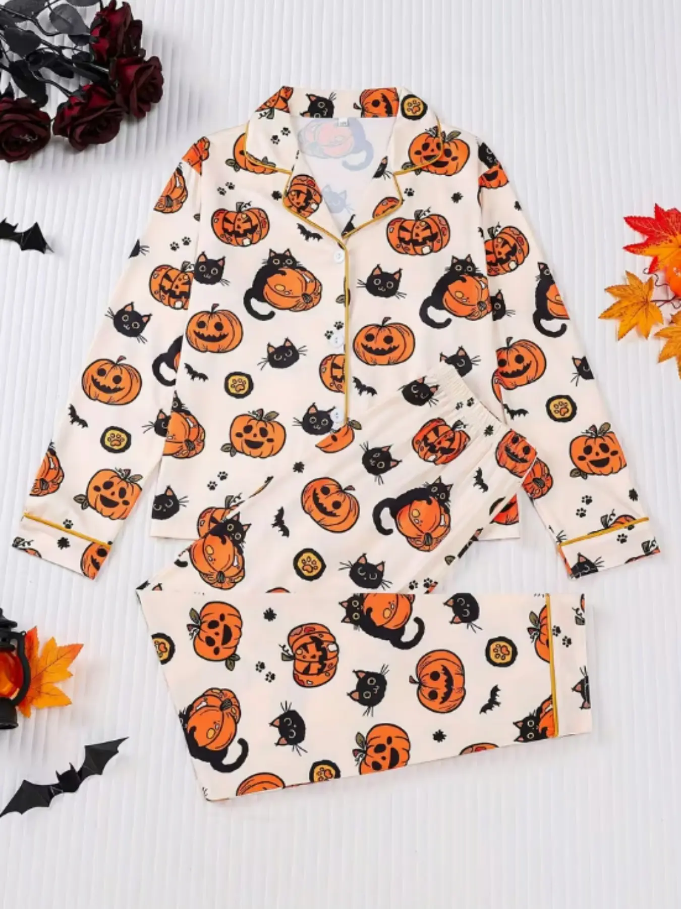 Halloween Cute Cat Pumpkin Bat Women's Long Sleeve Pajama Set, Casual Loose-Fitting Home Wear, All Seasons Comfortable Sleepwear