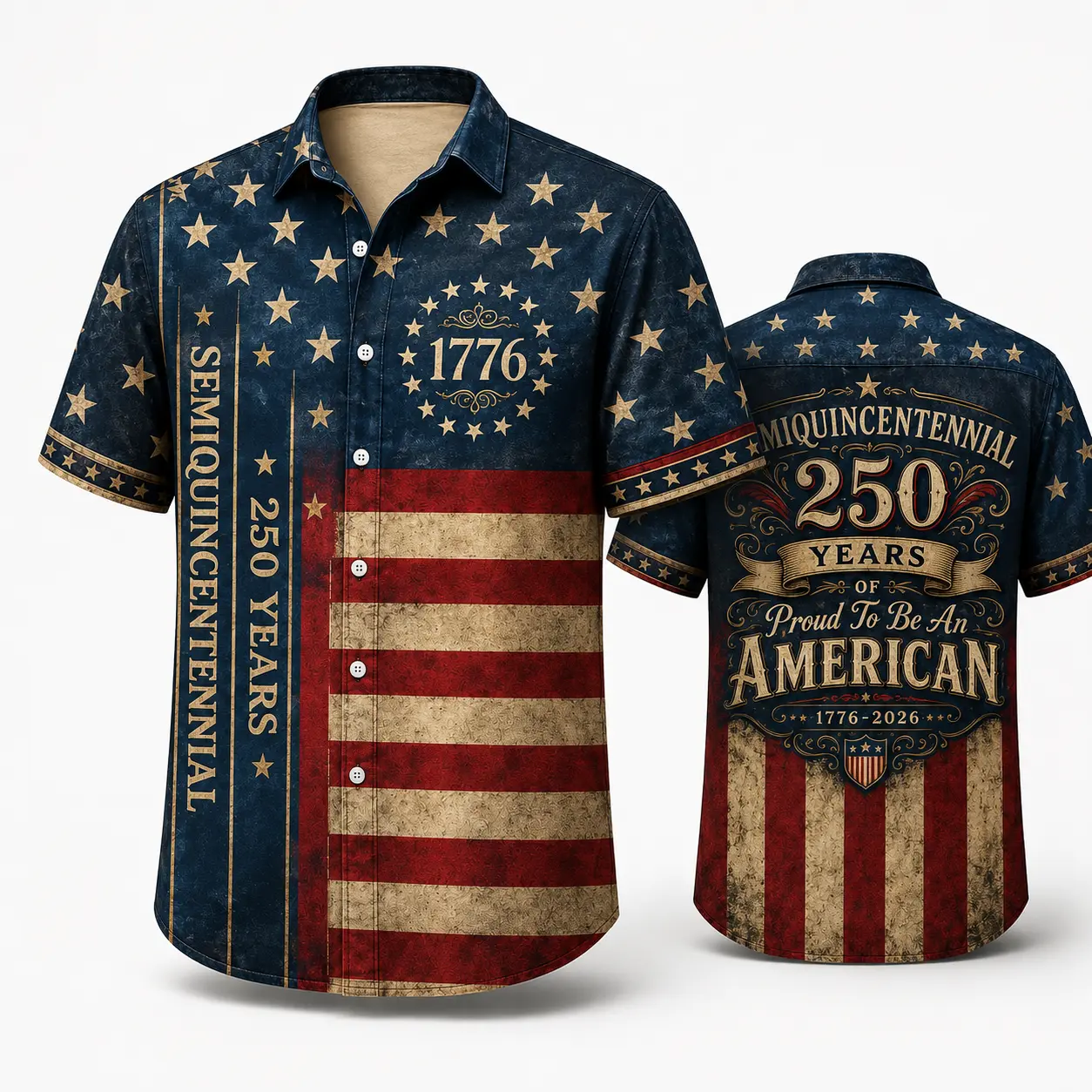 USA 250th Anniversary Tropical Breathable Festive Casual Wear Hawaiian Shirt - 1776-2026 Vintage Flag Print Americana Short Sleeve Men's Button Down Top for Summer Beach Independence Day Celebrations, Menswear, Shortsleeve