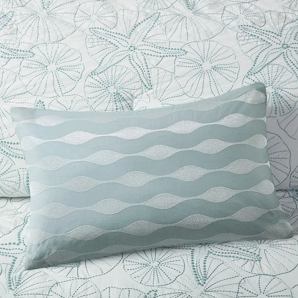 Nokaa Oblong Decorative Throw Pillow 12x20 Inch Blue Lumbar Accent Cushion for Couch Sofa Bed Living Room Bedroom Home Decor, Cotton Rectangular Pillow with Wavy Embroidery, 1 Count
