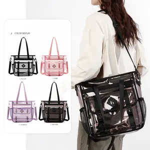 Trendy Large Clear Transparent Tote Bag, Stadium Security Approved PVC Handbag with Removable Shoulder Strap for Sports Beach Daily Use