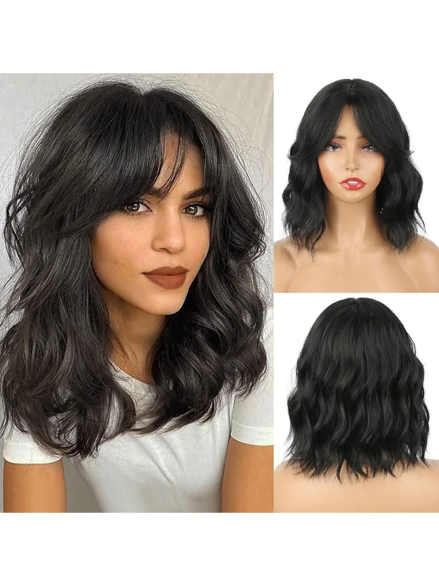 Short Bob Wigs with Bang Synthetic Loose Curly Wavy Bob Wig Black Shoulder Length for Women Girls Daily Short Wavy  Wig 14 Inch Hair Wig
