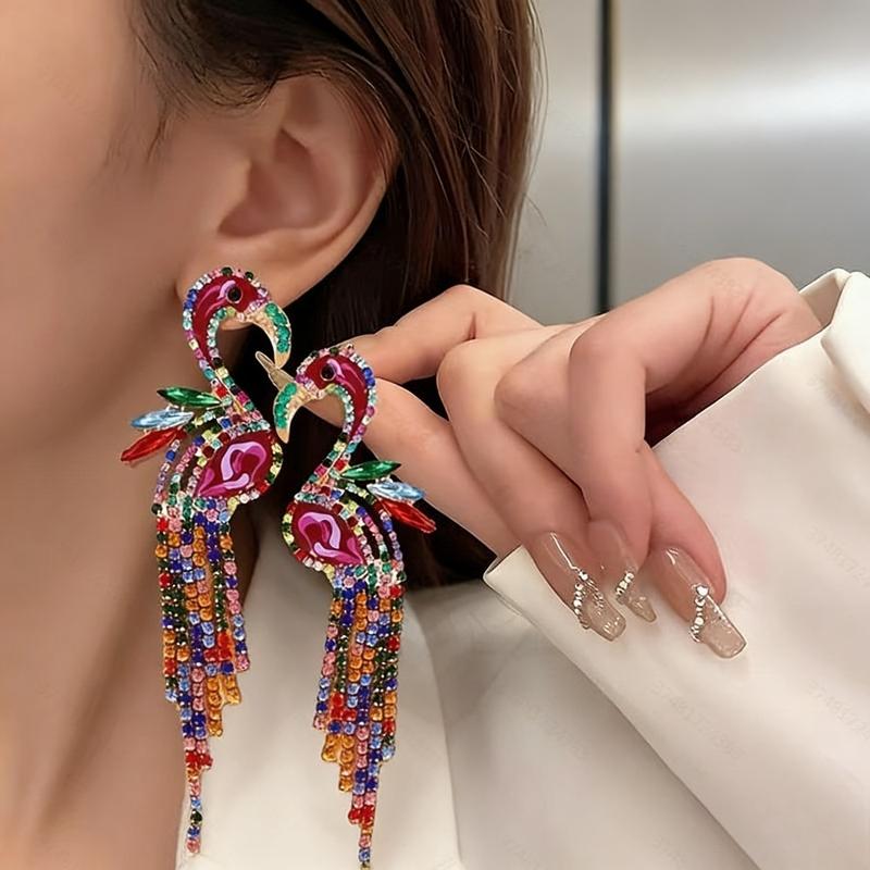Colorful Rhinestone Flamingo Drop Earrings - Long Tassel Dangle Style - Cute & Sparkling Statement Fashion Jewelry for Women