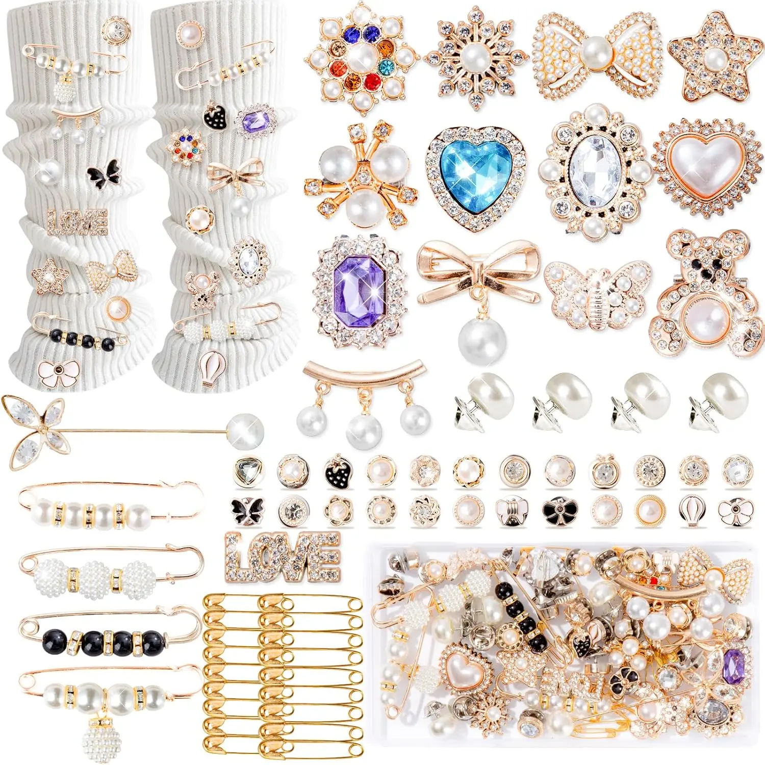 65Pcs junk socks charms kit Safety Pin Brooch Shoe Charms for Sneakers Brooches and Pins for Women Pearl Rhinestone Brooch hat Pins Buttons