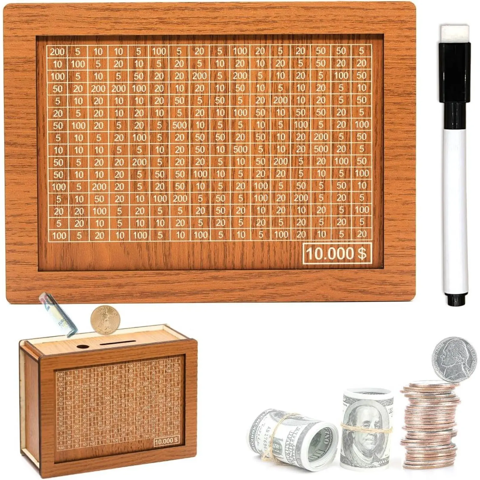Money Saving Box with 10,000 Dollars Target,  Money Vault Savings 10k,Cash Vault Wooden Savings Box,Savings Challenge Box with Money Target and Numbers, Coins, Decor