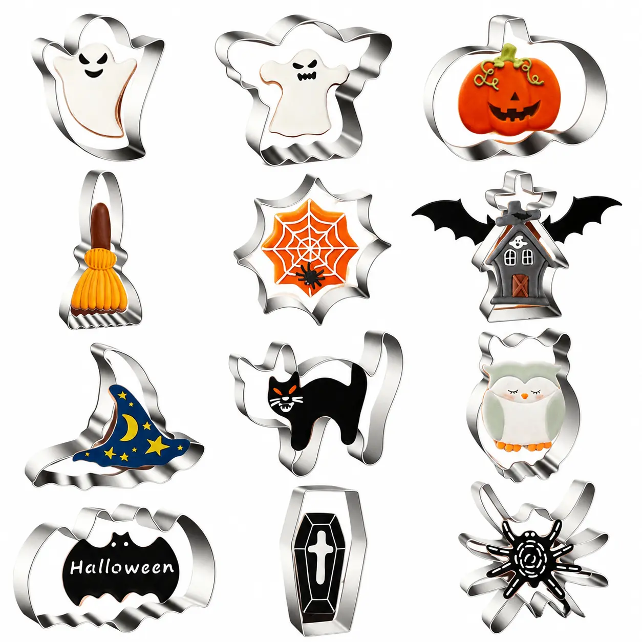 12-Piece Stainless Steel Halloween Cookie Cutter Set for Baking – Pumpkin, Skull, Ghost, and Bat Shapes – Dishwasher-Safe, Rust-Resistant, Precision-Stamped Baking Tools for Cookies, Dough, Fondant, and Craft Projects