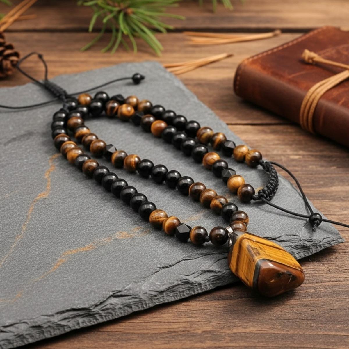 1 Piece Fashionable Retro Natural Tiger's Eye Geometric Pendant Adjustable Beaded Necklace Men's and Women's Daily Wear  Gifts magnetic field therapy  durable stylish girl inspirational jewelry brass chain encouragement men punk style cross vintage men