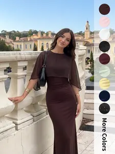 Women's Fashion Elegant Cape Sleeve Midi Dress, Slim Fit Pleated Design, Perfect for Wedding Guests and Parties