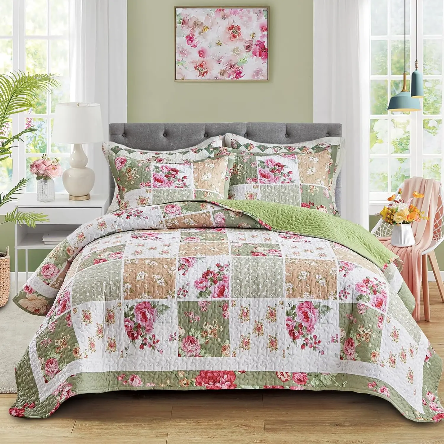 Patchwork Quilt Set  Size,3 Pieces Green White  Floral  Reversible  Country Bedspread Coverlet Set for  ,Summer Soft Colorful  Botanical Microfiber  Set