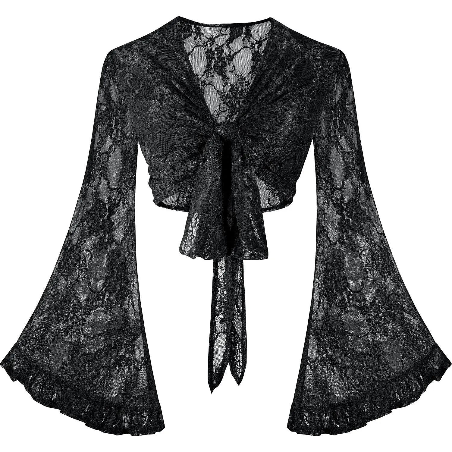 Lace Tops for Women Flowy Long Bell Sleeve Tie Front Boho Crop Top, 70s Outfit Wrap Top, Disco Rave Festival Hippie Country Concert Western Top, Gothic Whimsical Clothes, Sheer Shrug Cardigan(Gift)