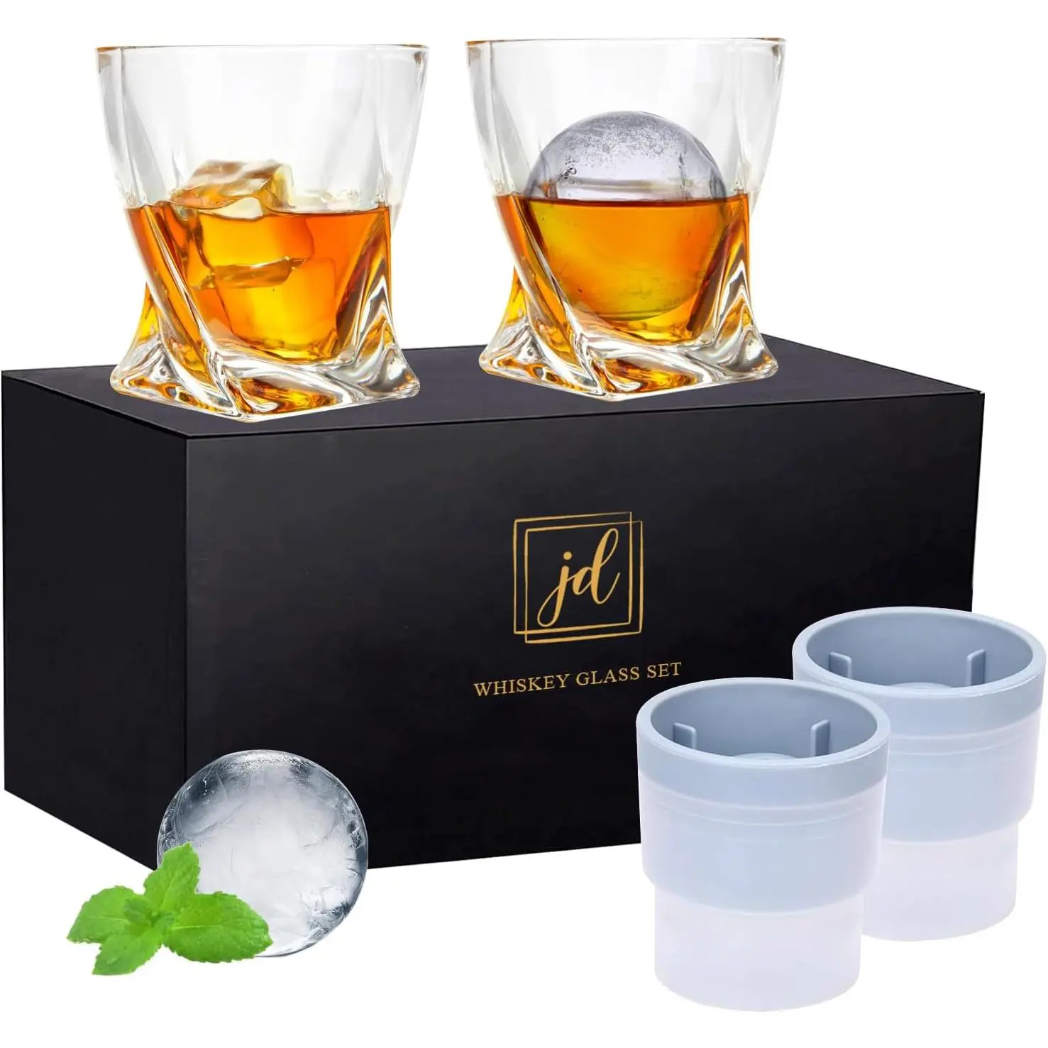 Rocks Glass Set In  Box - Includes 2   Glasses and 2 Big Ice Ball Molds - 11 Oz Old Fashioned Glasses for , , Rum, Cognac,  -   for Men