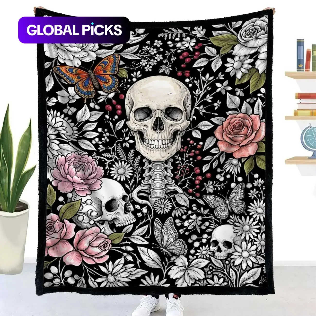Color Your Own Skull Blanket, Gothic Floral Skeleton Doodle Throw, DIY Adult Coloring Craft, Plush Velvet Backing, Room Decor