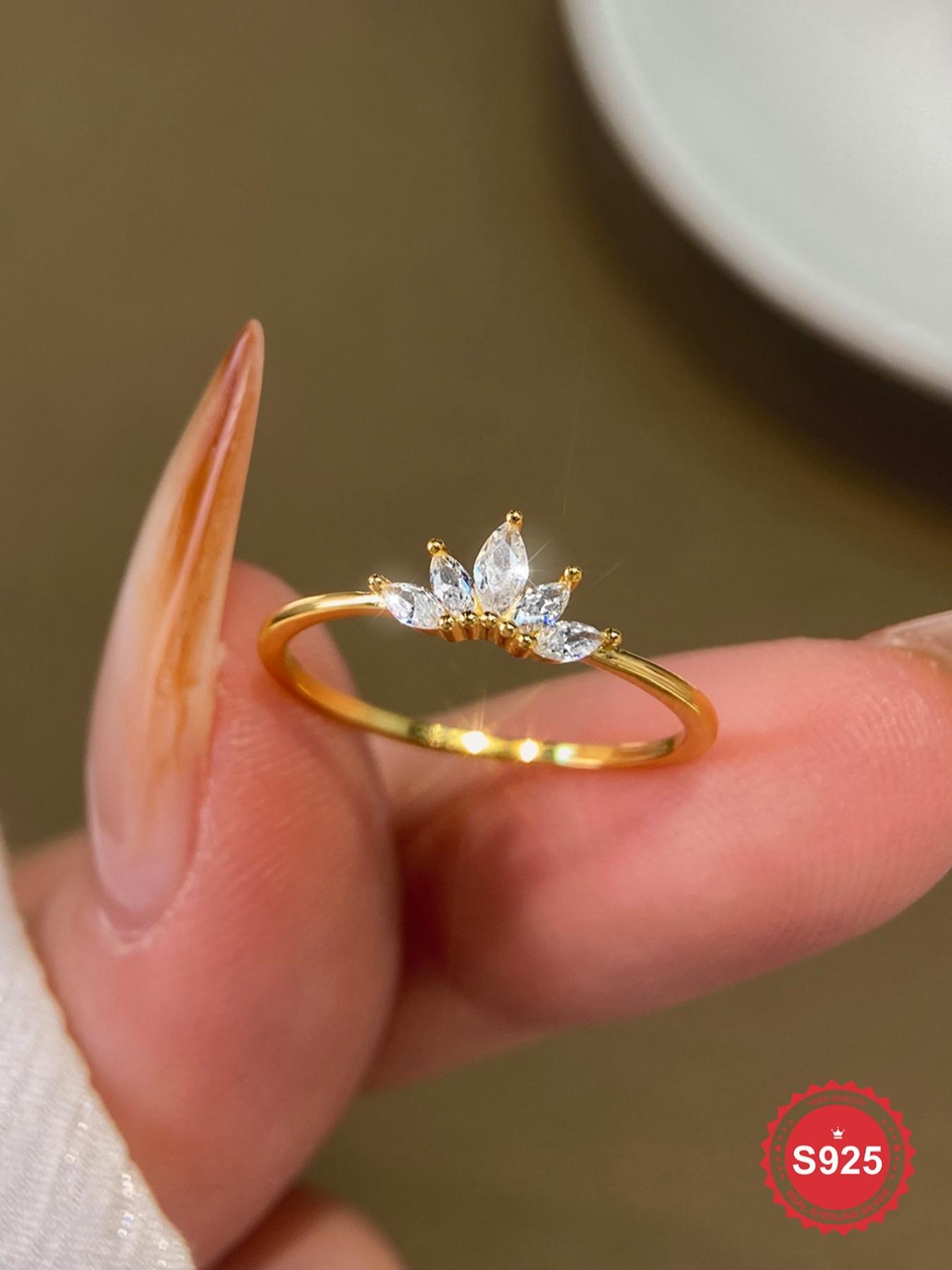 S925 Sterling Silver Crown Design Artificial Zircon Ring, Fashion Accessories for Women & Girls, Trendy All-match & Exquisite Jewelry for Birthday Gift, Cubic Zirconia Ring, Marquise Ring, Fashion Rings