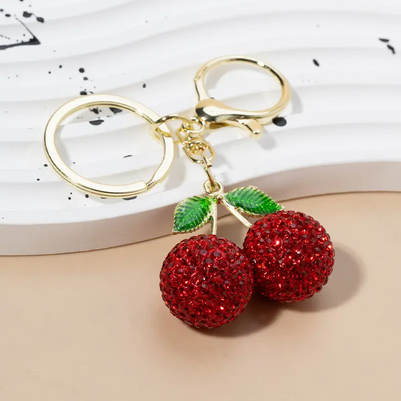 Rhinestone Encrusted Red Cherry Keychain 9.4cm Total Length 23.7g, Sparkly Fruit Pendant with Green Leaf Detail, Gold Lobster Clasp Key Ring for Car Key Bag Charm Sweet Gift
