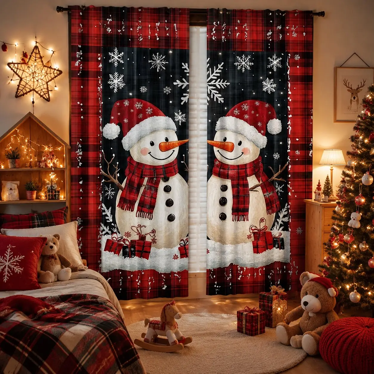 2 Piece Festive Christmas Snowman Curtain Set with Plaid and Winter Snowflakes, Suitable for Living Room and Bedroom, Polyester Semi-Transparent Decorative Panel for All Seasons