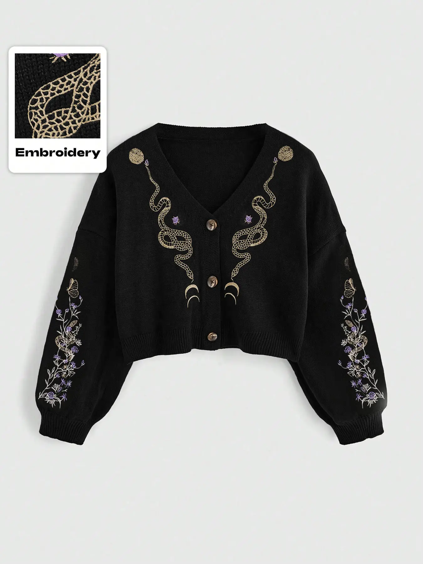 Women's V Neck Gothic Punk Style Plant Snake Embroidery Knitwear Sweater, Casual Loose-Fit Short Knitted Cardigan, All Seasons Moderate Fabric, Tops