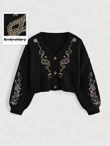 women's v neck gothic plant snake embroidery sweater, casual loose-fit short knitted cardigan, all seasons moderate fabric