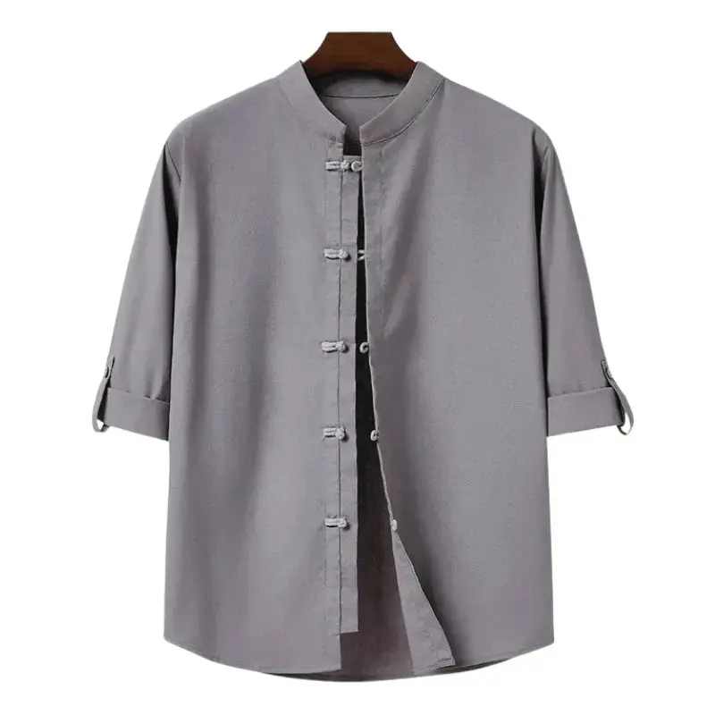 Men's Linen Casual Shirts, Button Down Roll‑Up Sleeve Tops, Summer Breathable Zen Style Kung Fu Karate Shirts, Loose Lightweight Soft Daily Wear, Trendy Oriental Streetwear Outfits For Vacation & Casual Occasions