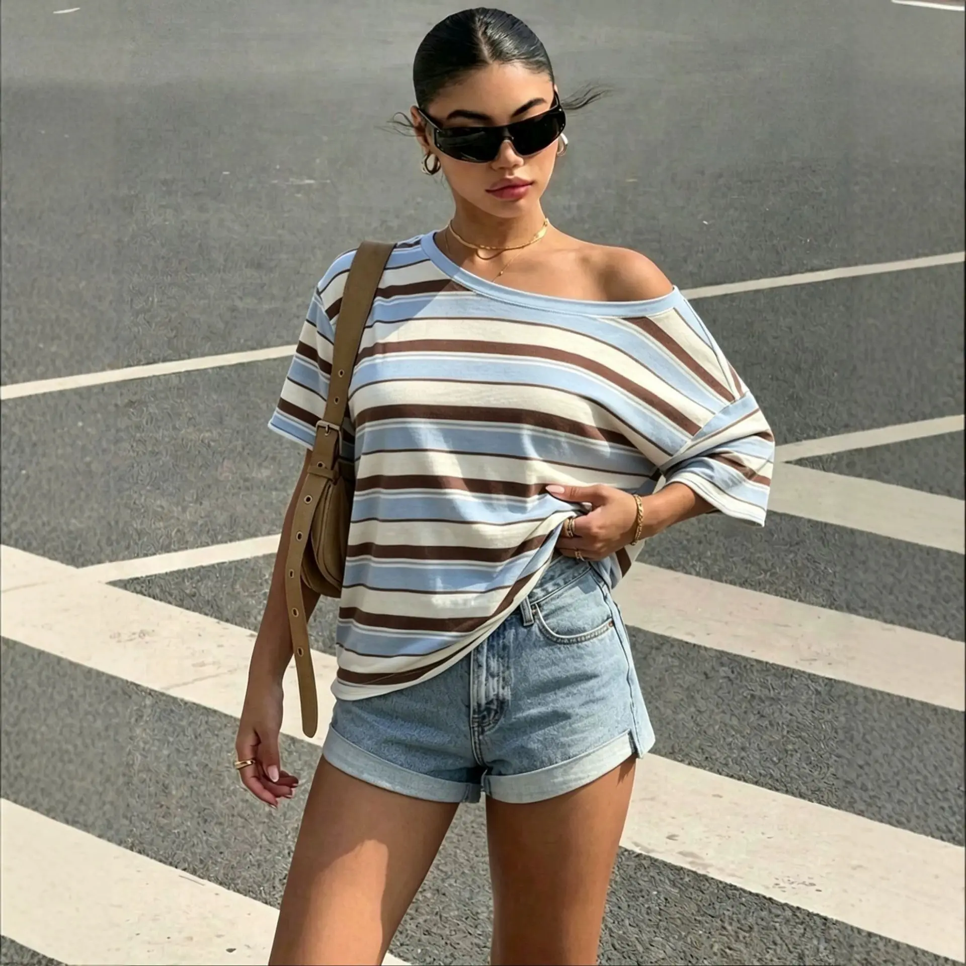 Off-shoulder striped oversized short-sleeve T-shirt for women, American retro style with asymmetrical slanted shoulder design