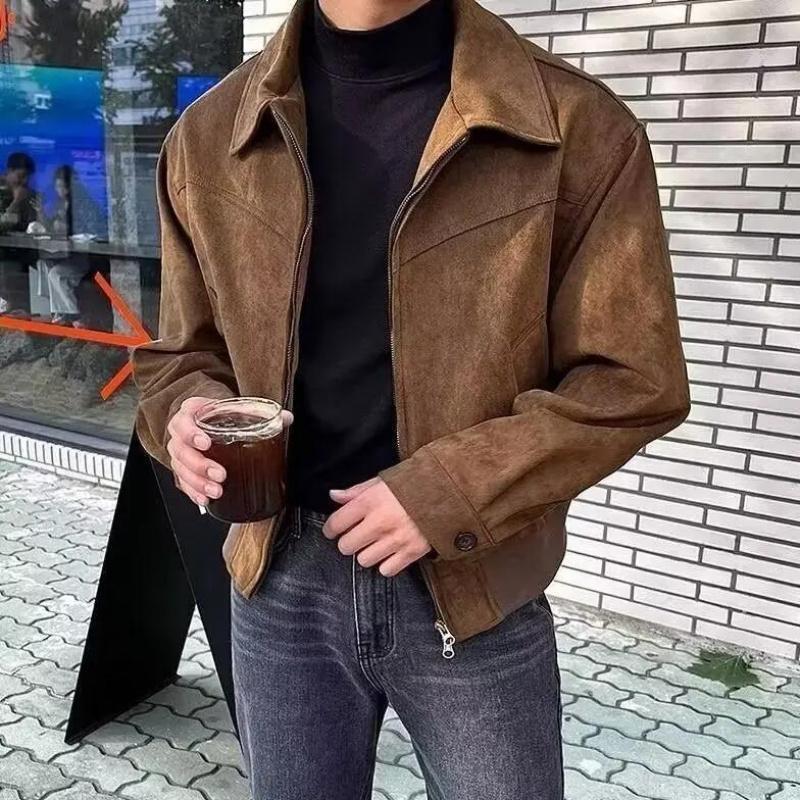 Autumn Winter Korean Style Men's Loose Fit Chamois Leather Flight Jacket Casual Trendy Lapel Zippered Hooded Warm Comfortable Ou