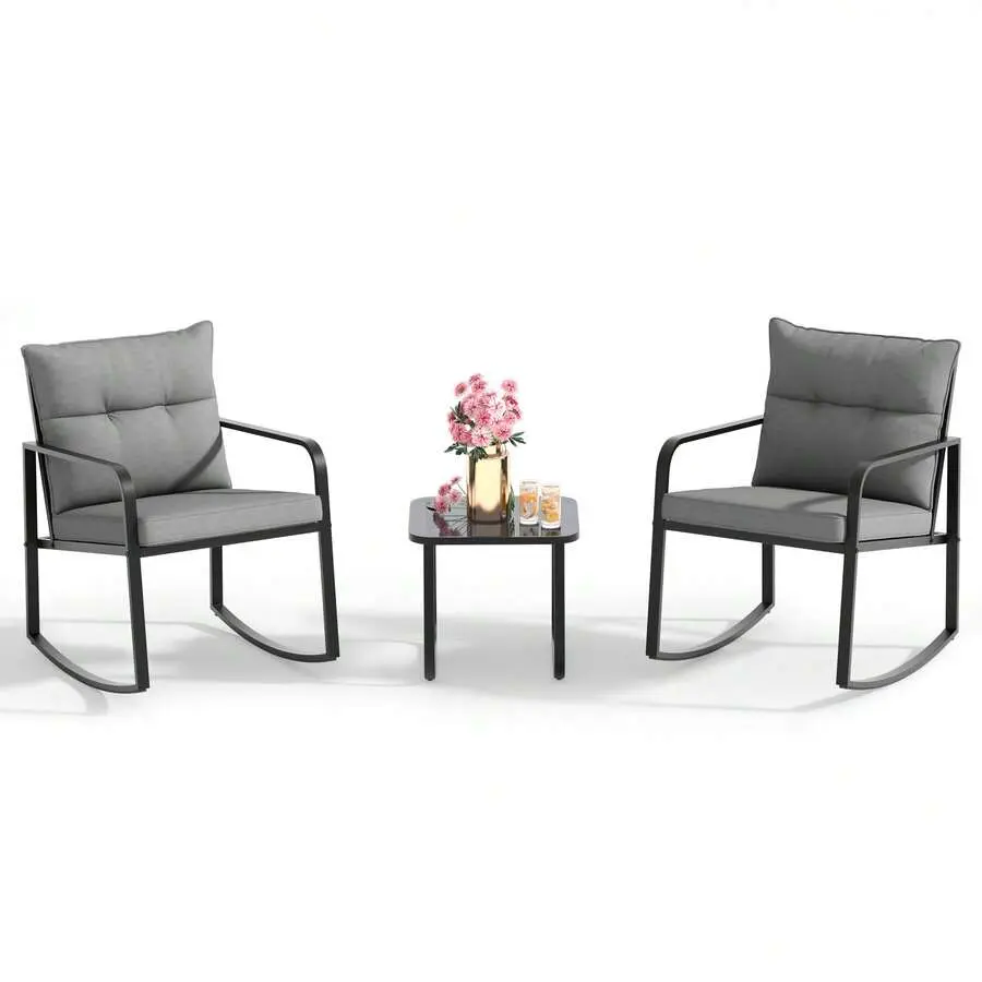 3 Piece Rocking Bistro Set, Black Steel Patio Furniture, Porch Chairs Conversation Set With Glass Coffee Table, Back Cushion, Balcony,, Deck, Backyard, Grey