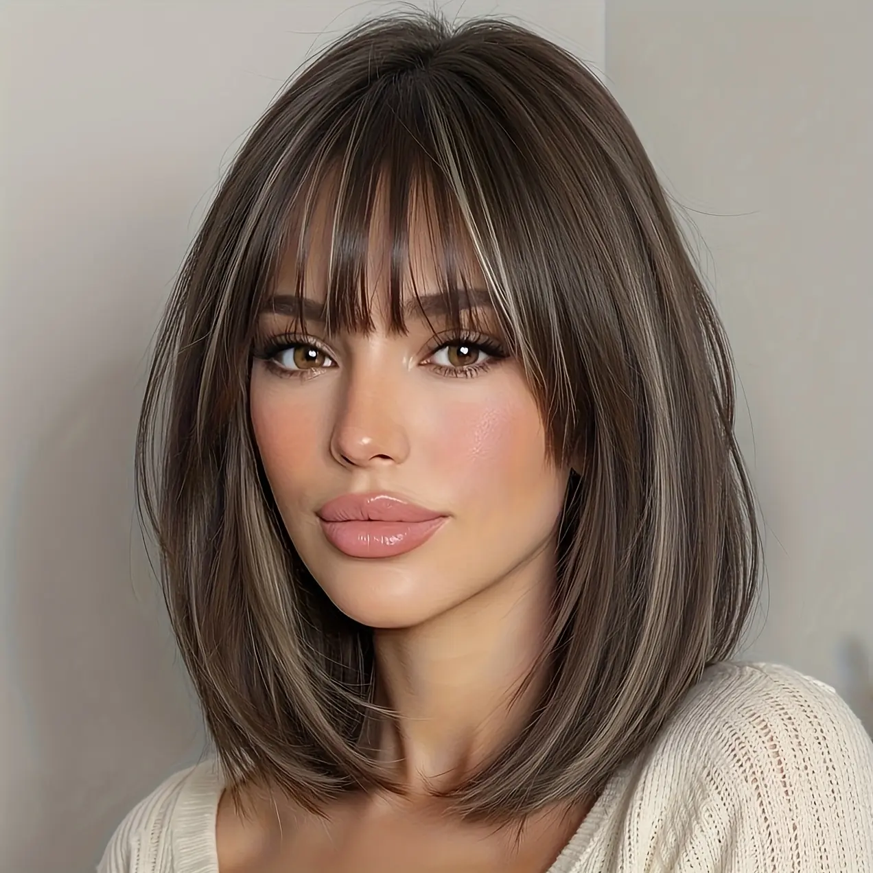 12 inch fashionable dark coffee white gold dyed air bangs, high-level bob hairstyle, collarbone, women's short straight wig, high temperature silk rose mesh hat, suitable for work, school, daily commuting, parties, Halloween, etc