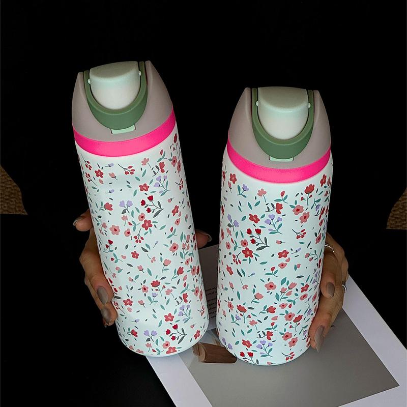 Floral Pattern Stainless Steel Vacuum Flask, 1 Count 24oz-32oz-40oz Water Bottle with Straw, Stainless Steel Thermos, Drinking Cup for Home Office School Outdoor, Portable Drinkware, Insulated Mug, Leakproof Insulated Tumbler