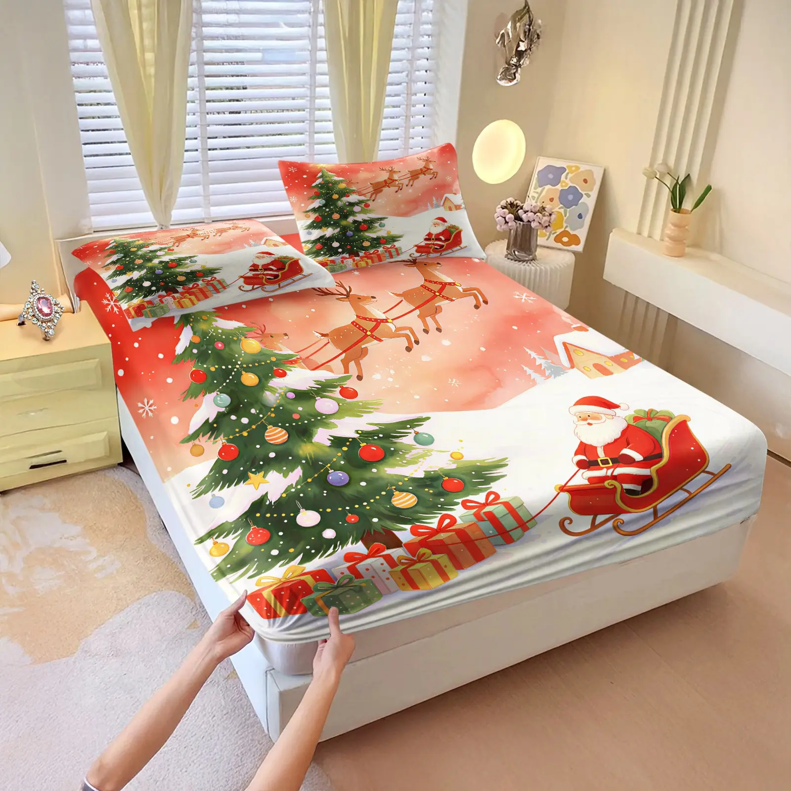 3Pcs Christmas Tree Gift Box Santa Reindeer Lantern Cloud Combo HD Digital Print Fitted Sheet Set, Washable Hypoallergenic Deep Pocket Mattress Cover For Festive Home Bedroom Decor