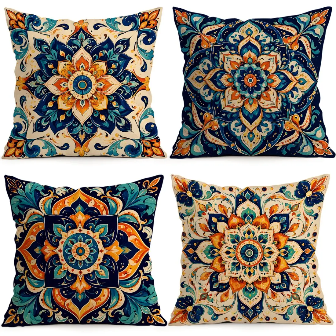 4pcs Orange Blue Mandala Pattern Cushion Covers, Single Side Print, Home Decor for Living Room Bedroom, All Season Use, No Pillow Insert