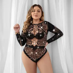 Plus Size Rhinestone See-Through Hollow Tight-Fit One-Piece Lingerie
