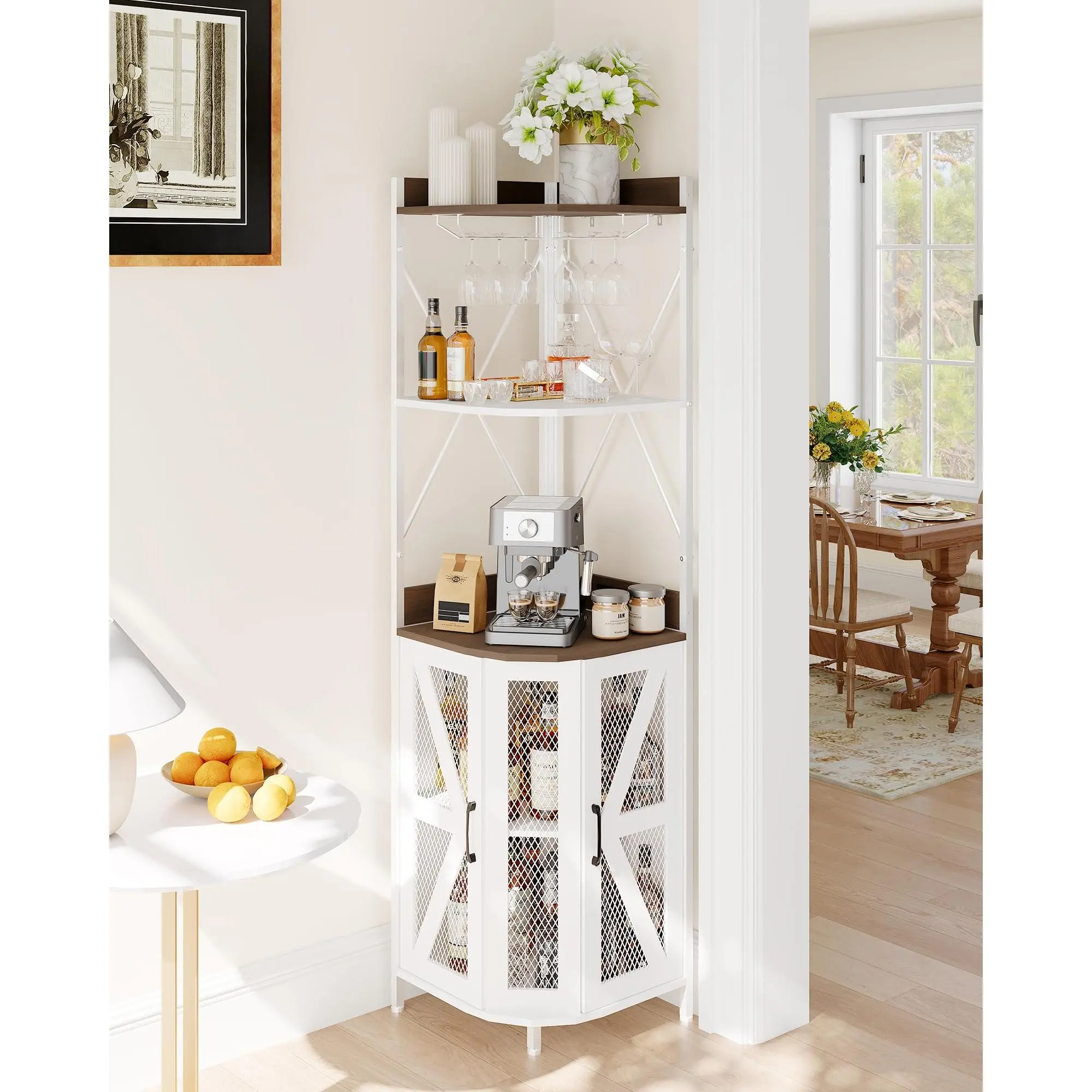 Corner Wine Rack,4-Tier Corner Wine Rack Cabinet with LED Lights & Glass Holder - MDF & Metal Freestanding Wine Storage Organizer for Small Spaces(Kitchen/Dining Room)