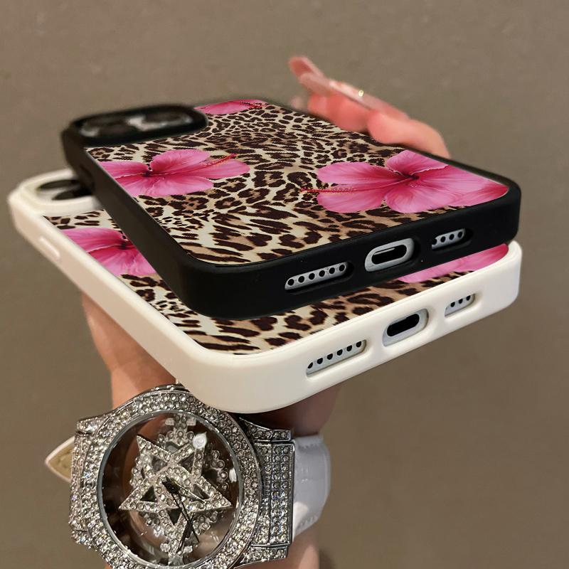Multi-Functional Magnetic Case for iPhone11 12 13 14 15 16 Plus 17 promax Bold Leopard Print & Pink Hibiscus MagSafe Ready, Anti-Fall,Ultra-Thin Design Perfect for Everyday Use