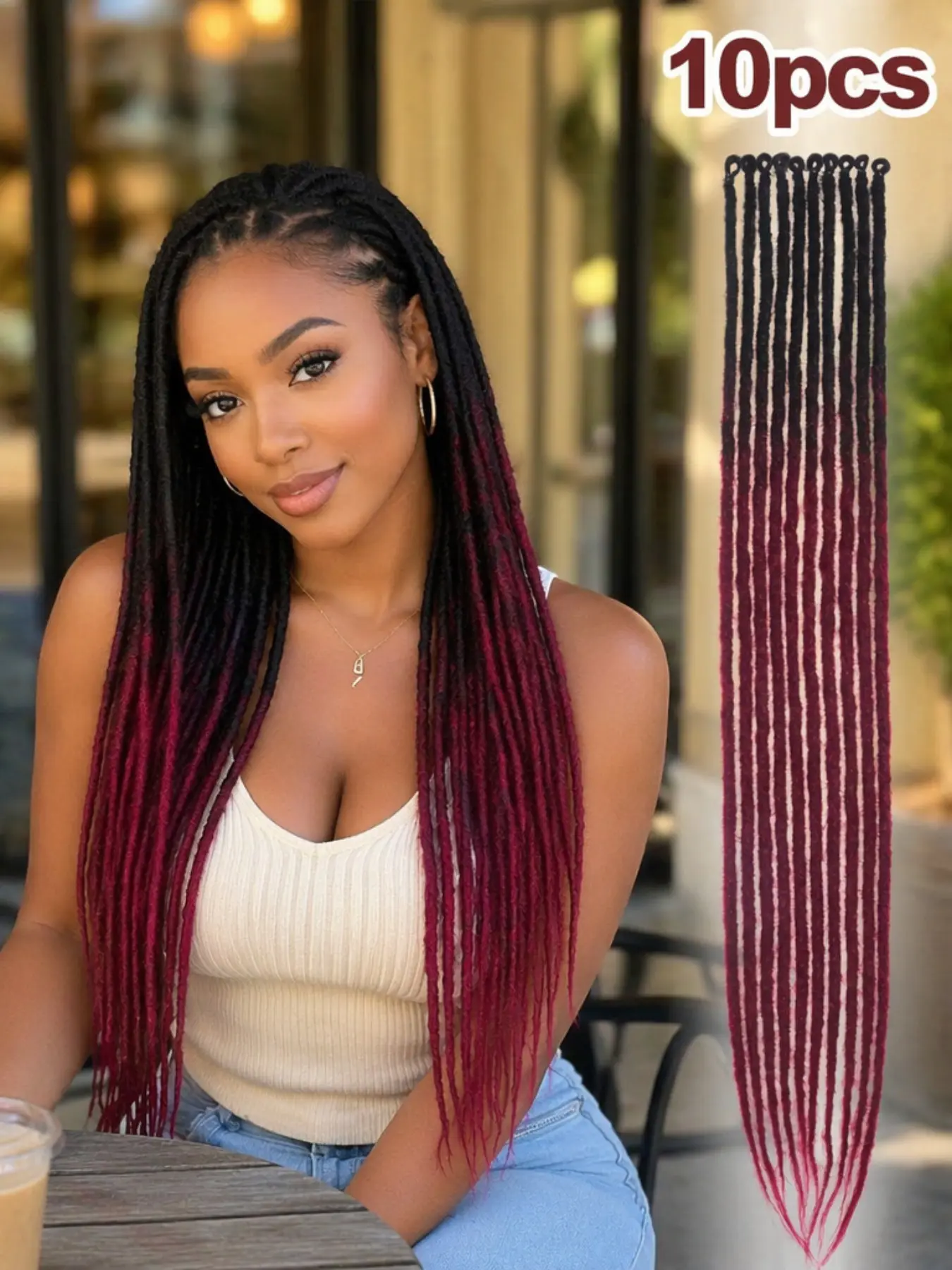 24-inch dreadlock extensions, 10-strand single-end synthetic fine hippie dreads, 0.6 cm thick, black to burgundy Ombre single-end dreadlocks, handmade SE, soft lock hair for women, unisex style, perfect for Christmas, Carnival, and music festivals