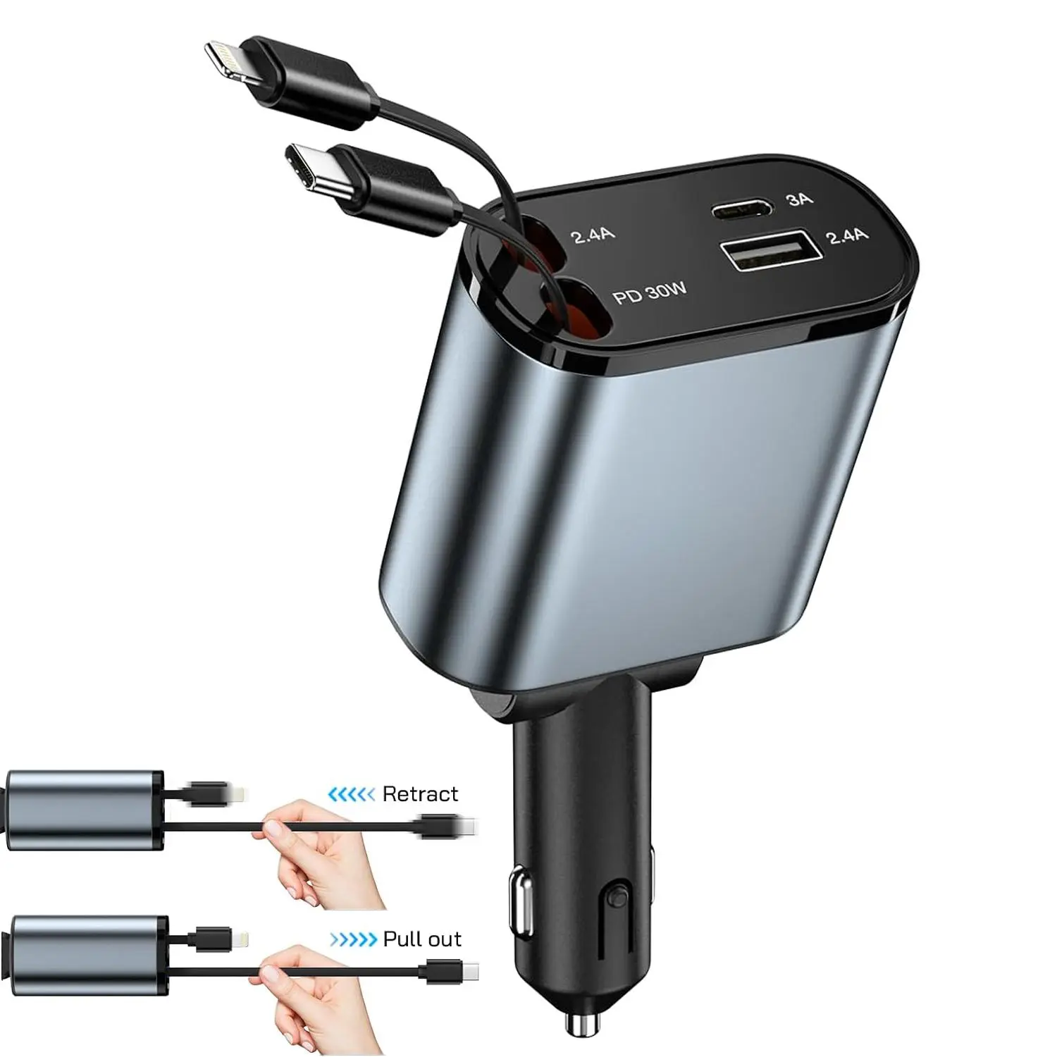 4-in-1 Retractable Automotive High Speed Charger - USB-C Fast Charging Adapter with Lightning Cable, Dual-Port Type C Car Charger for iPhone, Android Car Electronics Accessory, Automotive Charger