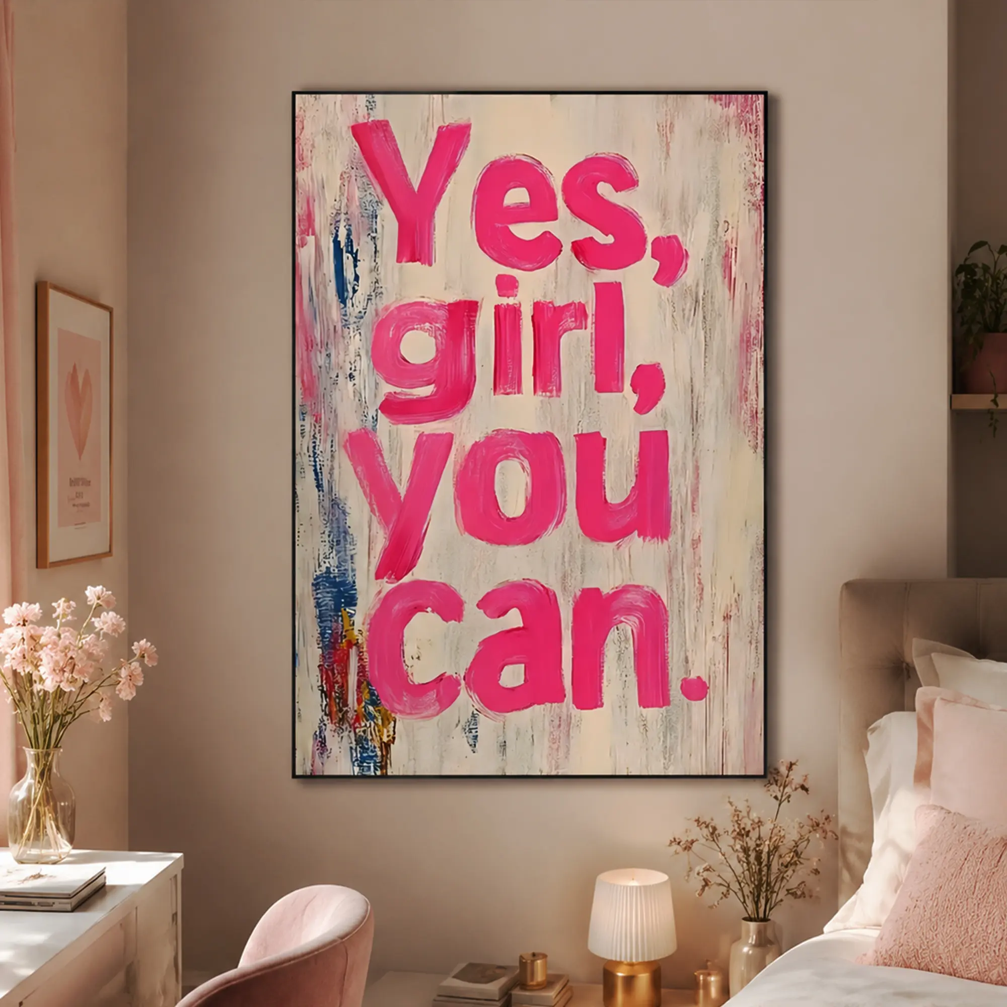 1 Piece of Canvas Art, Featuring a Simple Typography Design That Says 'Yes Girl You Can' in Pink Letters. for Home Office or Bathroom Inspirational Gift Idea Ready to Hang Bathroom Wall Decor. Hand Drawn Artwork Decoration