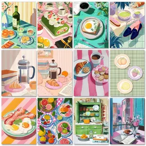 Cozy Cafe [STRETCHED FRAMED PAINT BY NUMBERS FOR ADULTS] 16x20in Canvas Painting , Cute Food Cake Coffee Breakfast Afternoon Tea Dessert Still Life , Aesthetic Kitchen Dining Room Wall Decor, Relaxing Mindfulness Creative Hobby Gift Set diy art kit