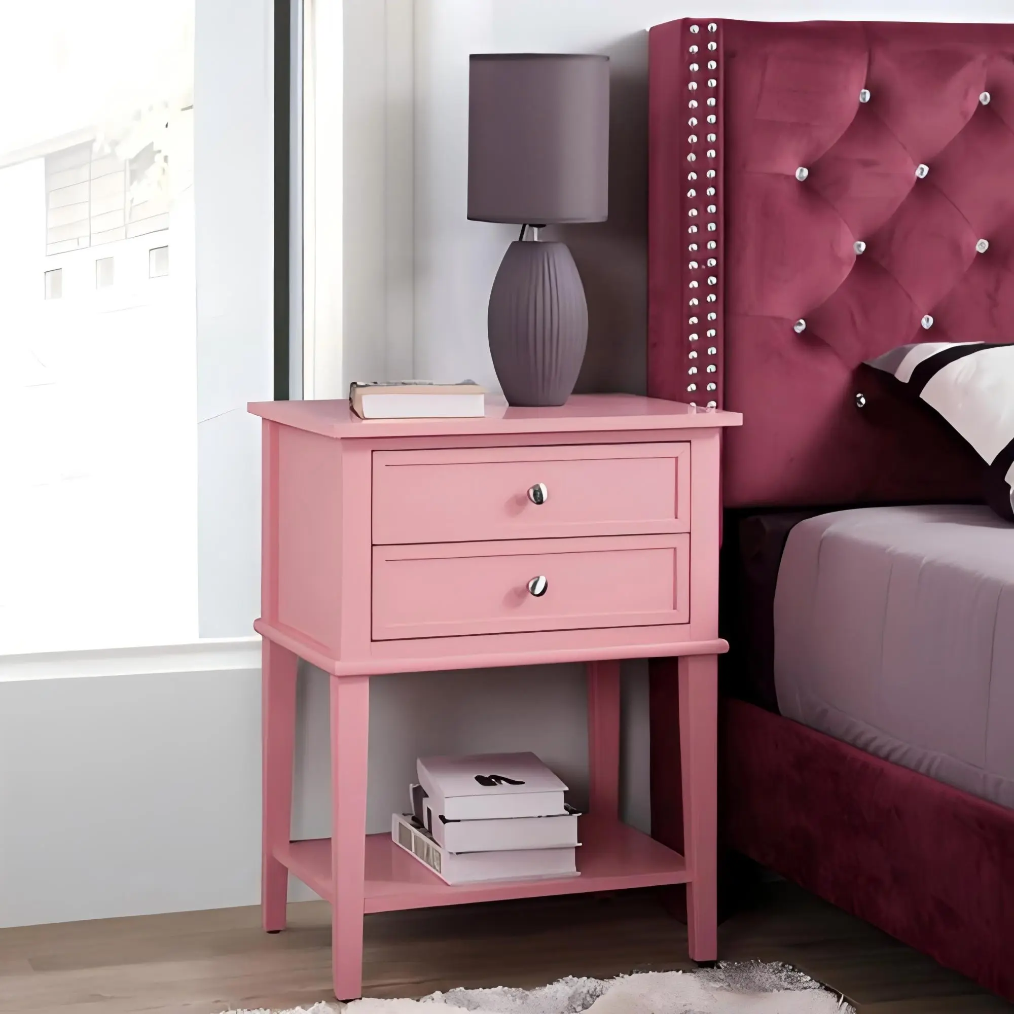 ARCH Contemporary Pink Nightstand with Open Shelf for Bedroom, Modern Bedside Table with Storage Shelf, Compact Night Stand for Small Spaces, Sturdy Nightstand for Living Room, Easy Assembly Nightstand Furniture, Pink Nightstand for Home Decor