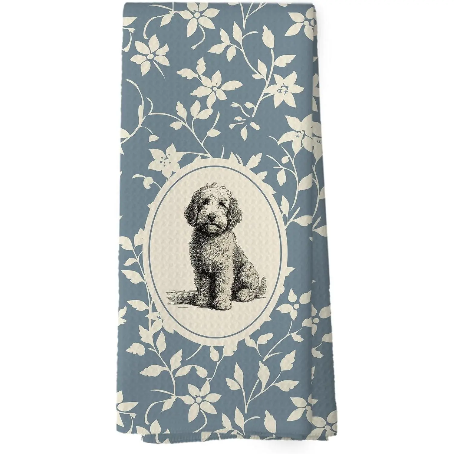 Blue Floral Goldendoodle Dog Kitchen Dish Towels, Goldendoodle Gifts for Women Dog Lovers Mom, Vintage Blue Floral Golden Doodle Hand Tea Towels for Kitchen Decor, 16x24inch
