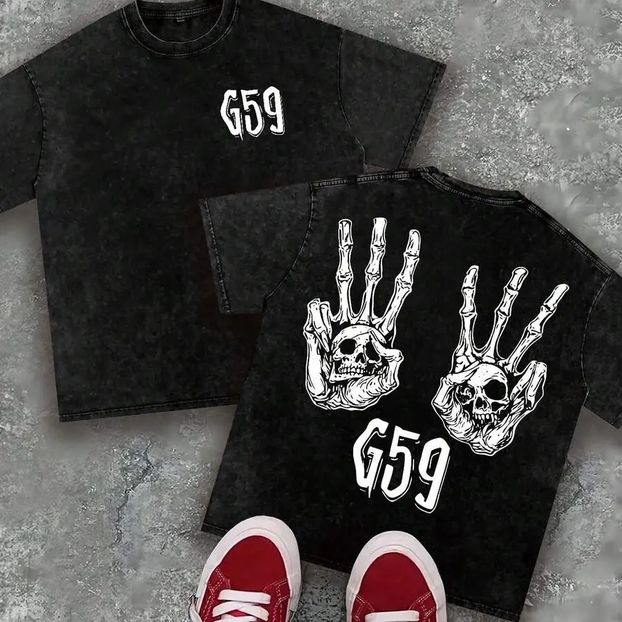 Washed Double Sided Printed T Shirt Retro Underground Hip Hop Skeleton Hands Skull Graphic Crew Neck Short Sleeve Top Trendy Grunge Streetwear Suitable For Daily Walk Live Music Party Outfit