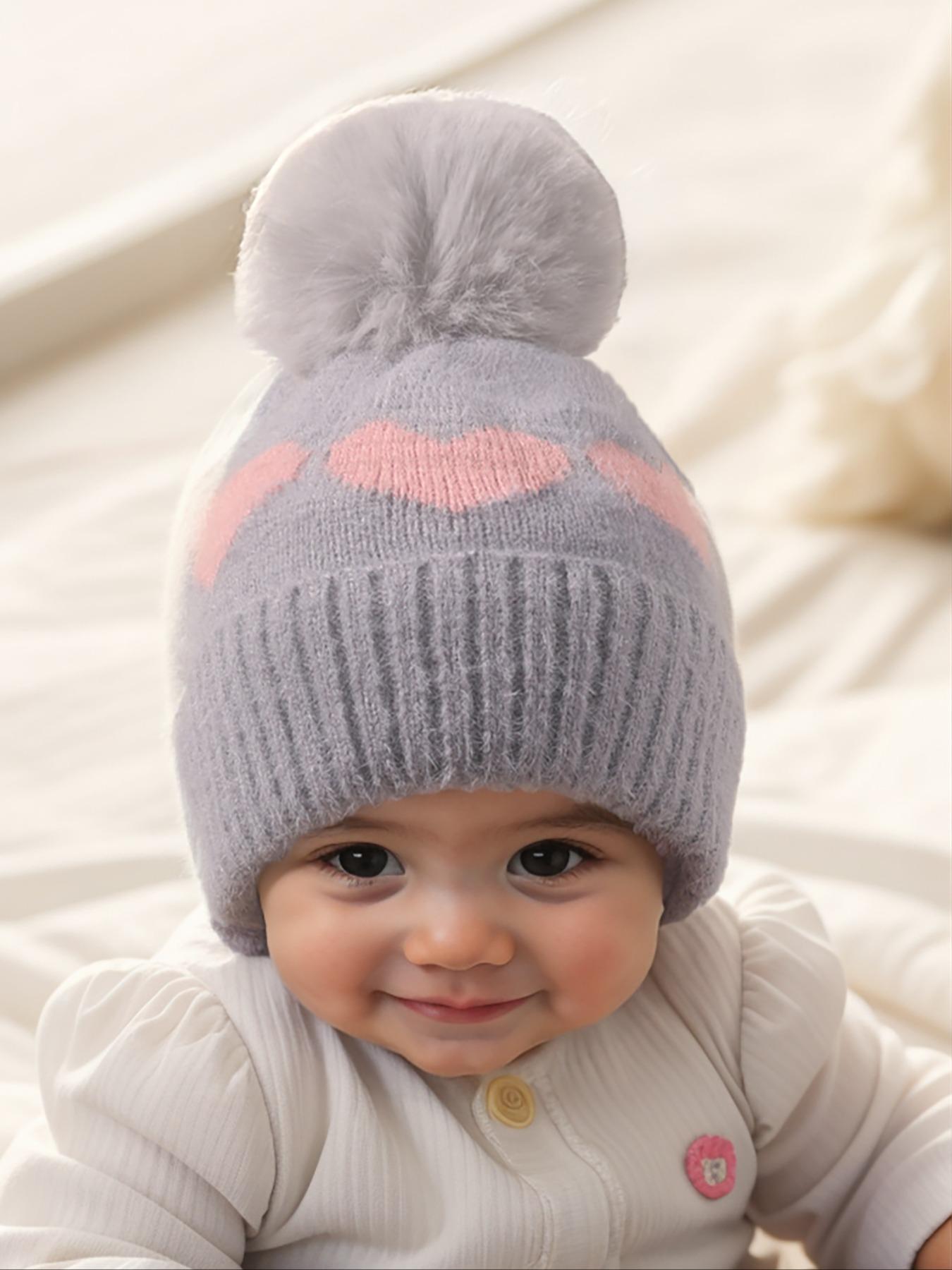 Newborn Knit Hat for Babies 1-3 Years Old, Heart Design Fuzzy Ball Beanie, Warm Winter Outdoor Cap, Casual Daily Commute Wear, Winter Skull Cap