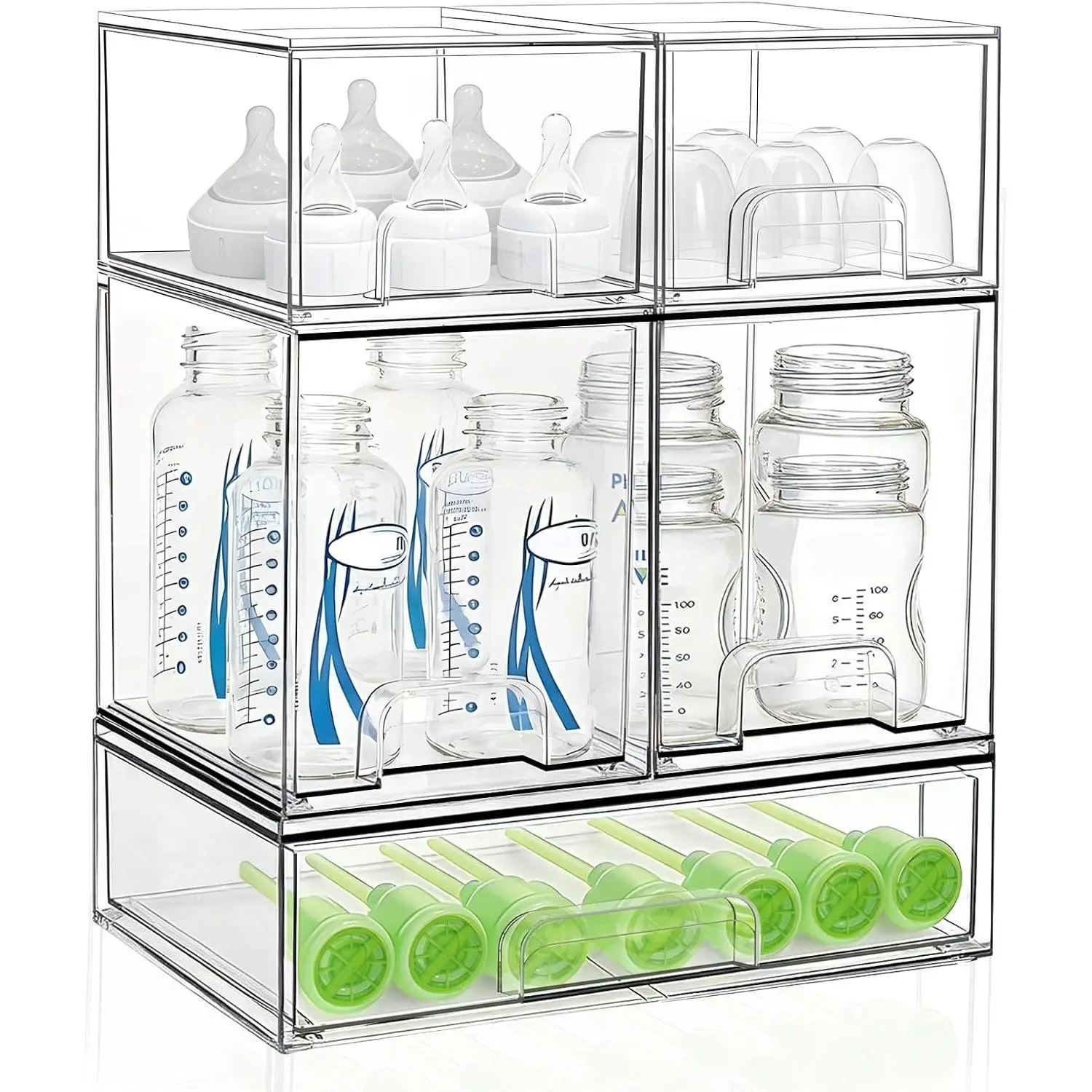 Bottle Storage Organizer Baby: Clear Stackable Storage Drawers, Acrylic Bottles Station Organizer for Countertop, Vanity, Bathroom, Cabinet Organization - 5 Pack