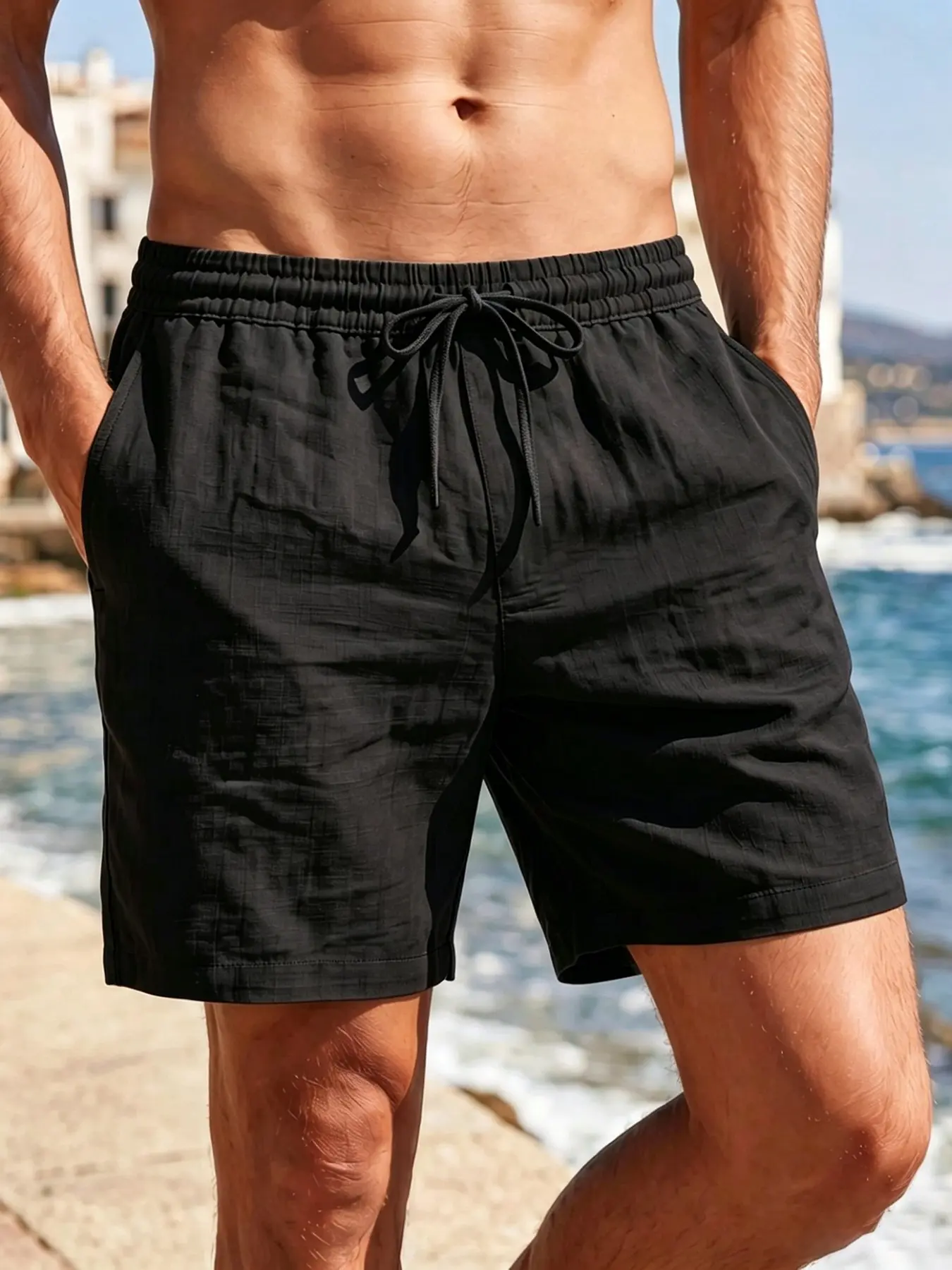 Men's Bamboo Texture Linen Shorts, Casual Loose-Fit Plaid Sleepwear, Summer Beach Pants with Drawstring, Breathable Cotton-Linen