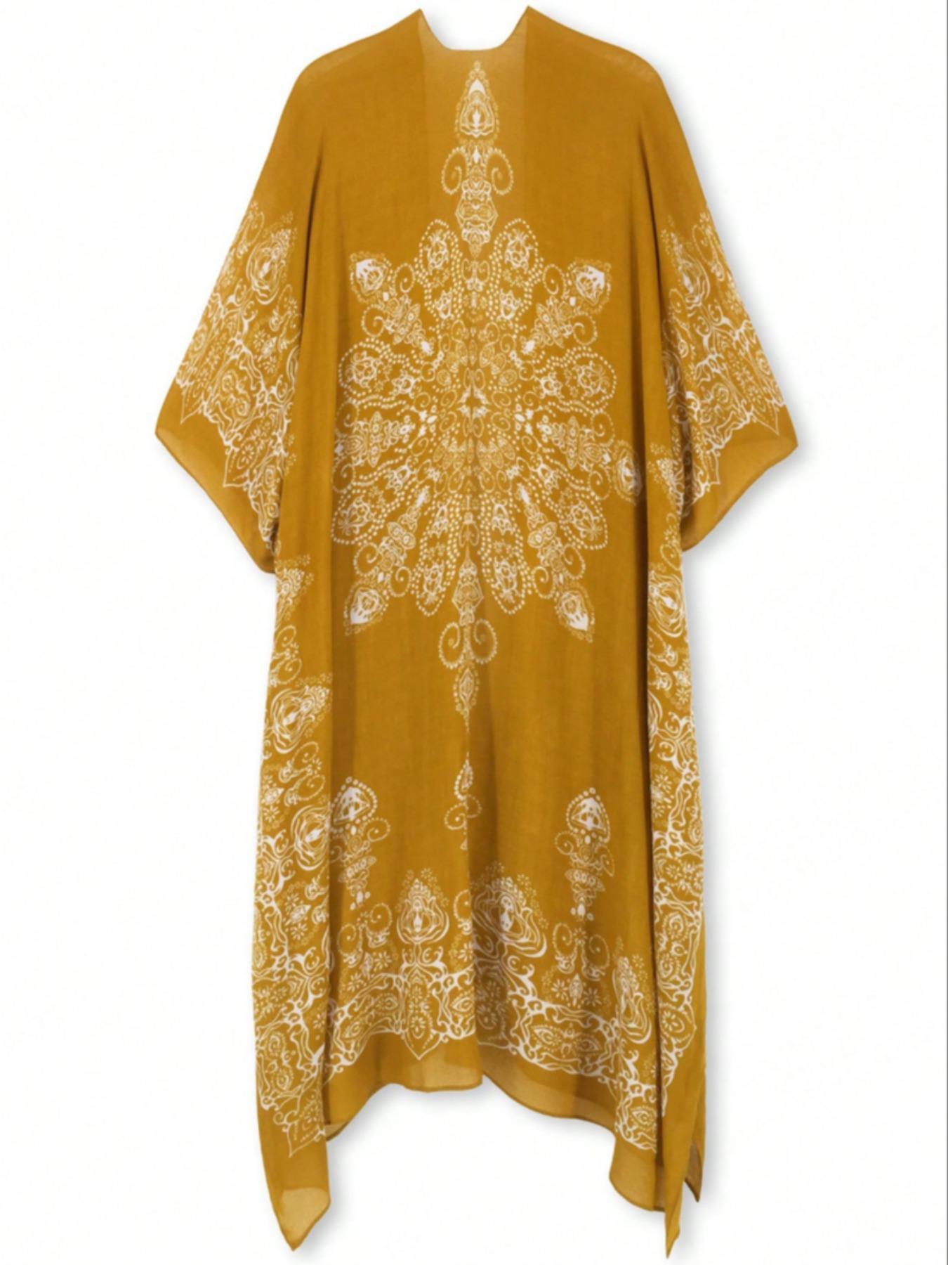 Women's Ethnic Pattern Batwing Sleeve Kimono, Womenswear Casual Three Quarter Length Sleeve Split Hem Kimono, Ladies Summer Swimwear for Beach Vacation