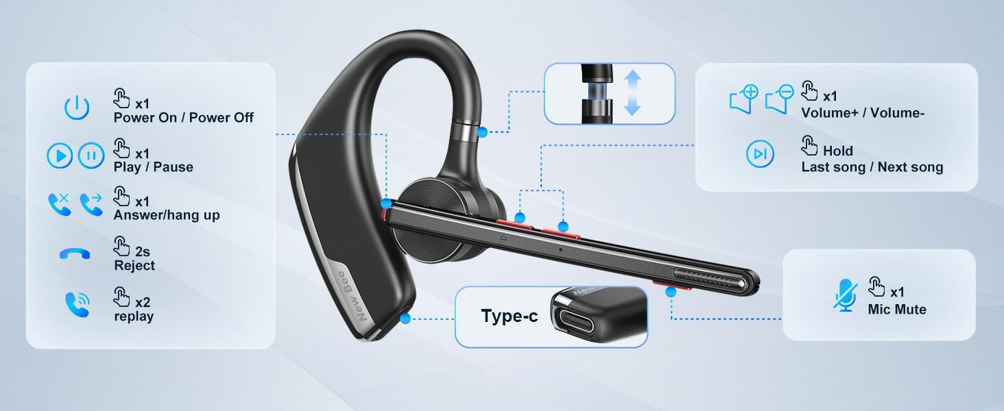 New Bee Bluetooth Headset: Dual microphone noise reduction and V5.2 connectivity, enjoy 80 hours of playback time, 500mAh charging box - suitable for office and driving, as well as truck drivers