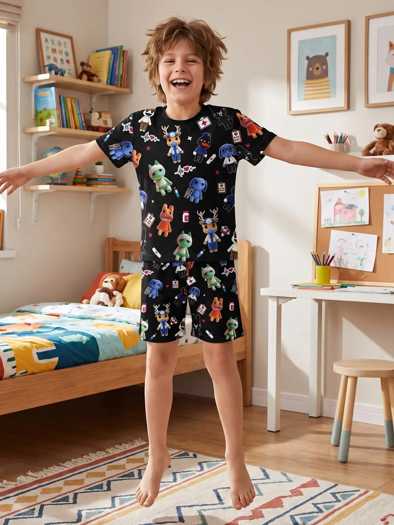 Animal Hospital Kids Doctor Cartoon Print Pajama Set, Cute Veterinarian Print Pajamas, Boys Girls Sleepwear (5-14 Years), Loose-Fit Casual Suit