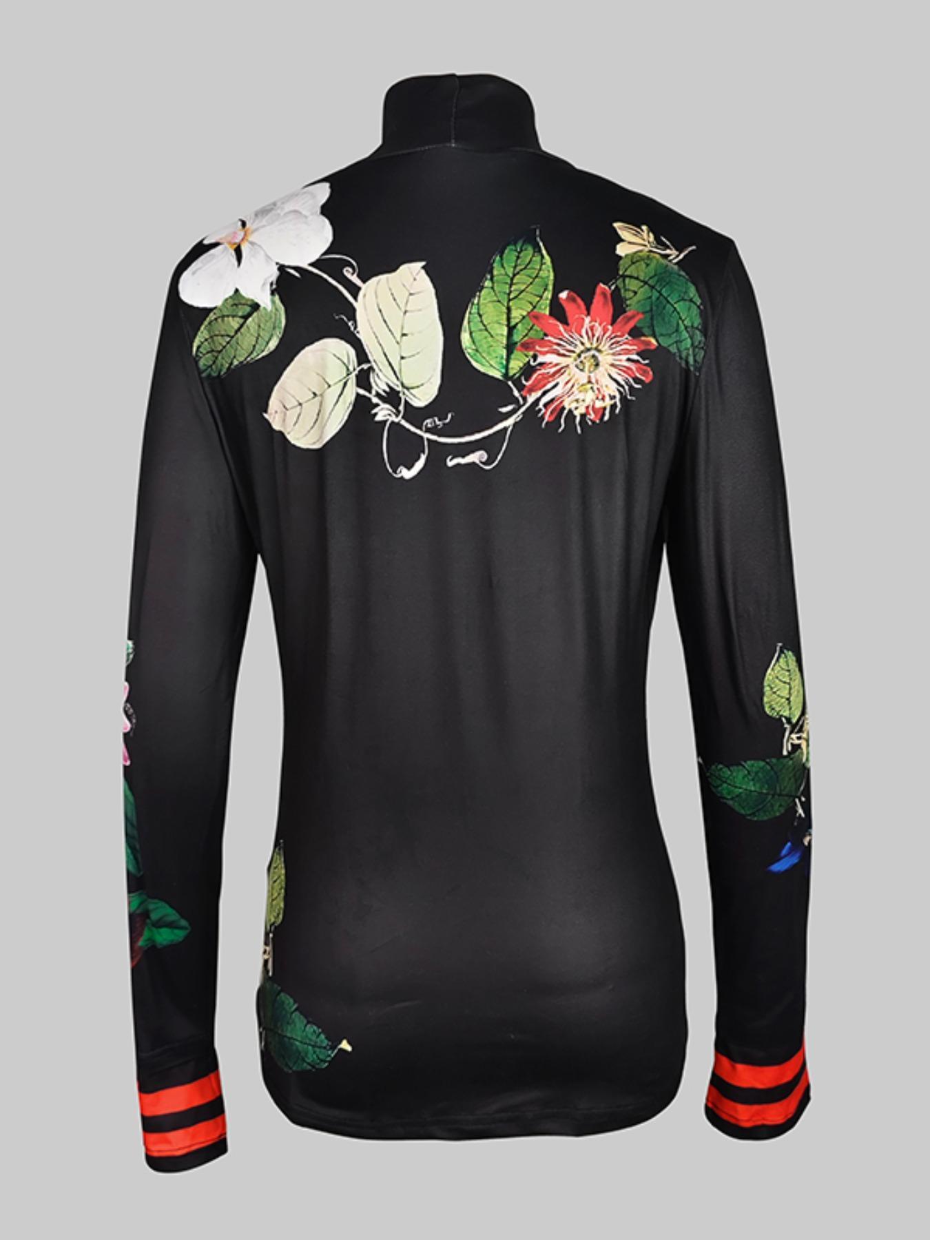 Women's Floral Print Long Sleeve Tee, Elegant Stand Collar T-shirt for Fall & Winter, Women's Clothing for Daily Wear, Casual Fashionable Top, Classy Tops, Womenswear
